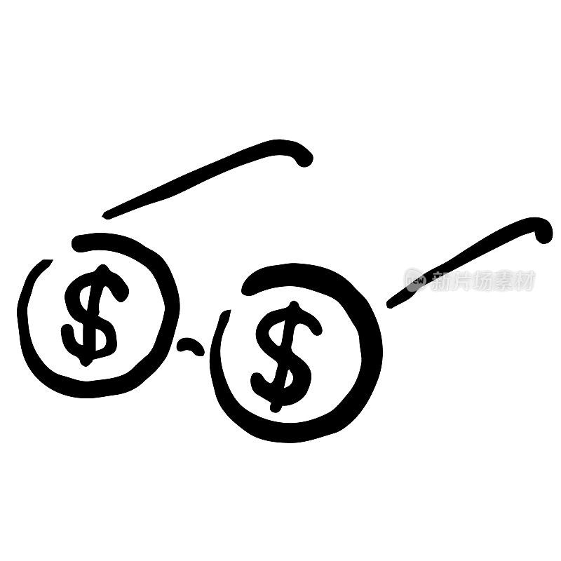 Eyeglasses with Dollar Sign: Doodle Icon, Hand drawn vector Icon like woodblock print